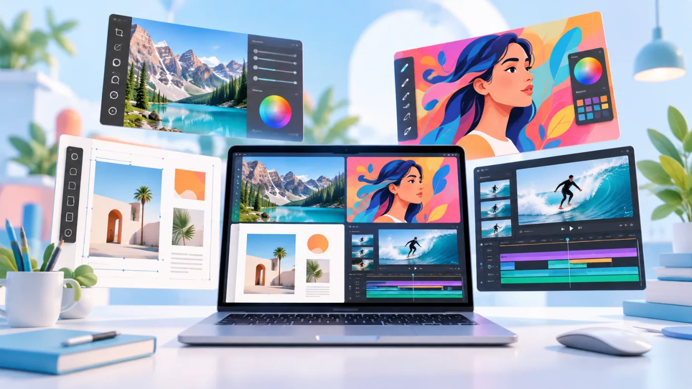Flujo creativo de fotografía, ilustración, maquetación y video en un computador