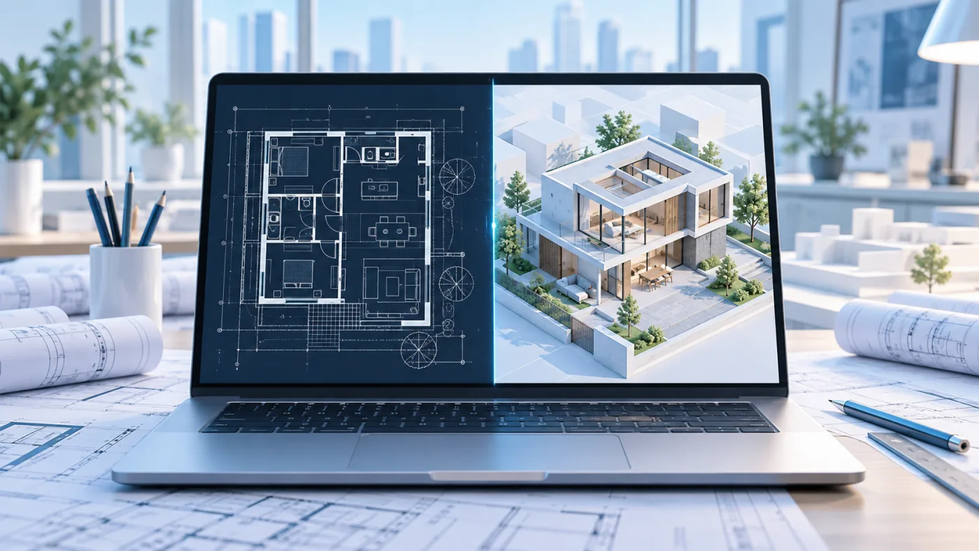 Plano CAD junto a un modelo tridimensional de edificio para comparar AutoCAD y Revit