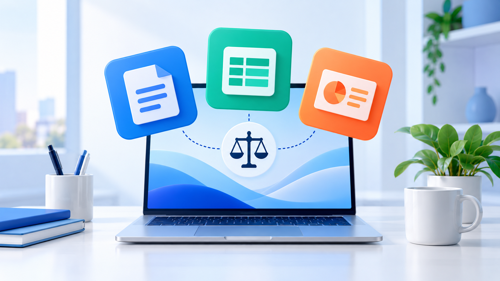 Portátil con documentos, hojas de cálculo y presentaciones para comparar licencias de Office